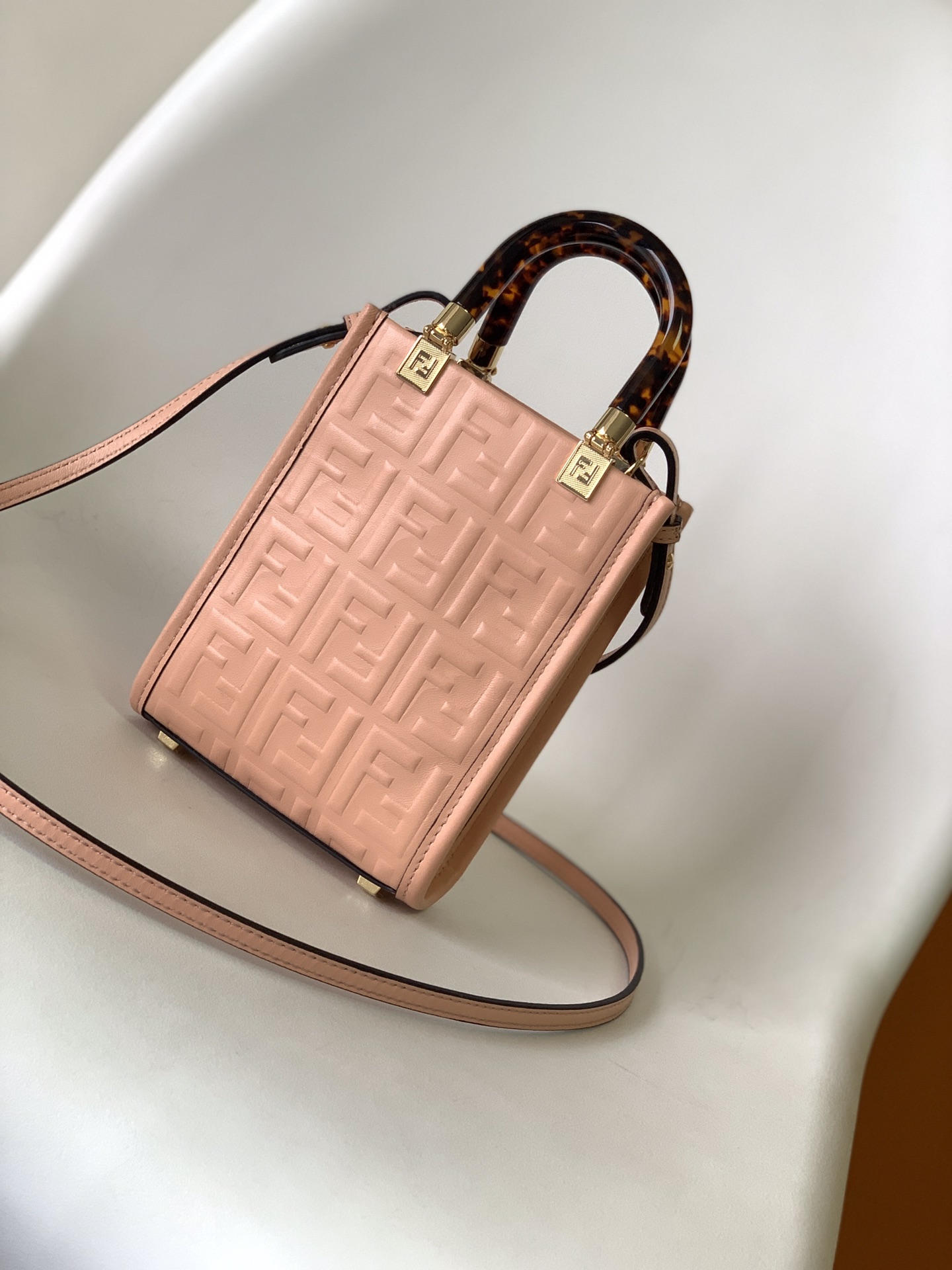 Fendi Mini Sunshine Shopper Pink Leather Bag with Raised 3D-texture FF Motif